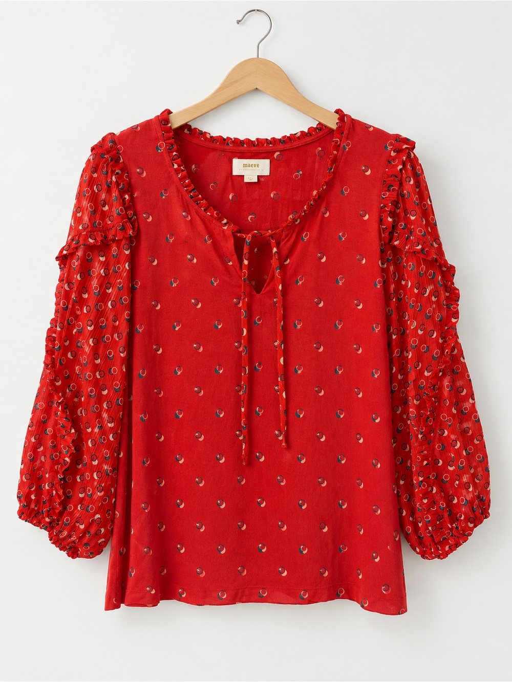 Maeve Anthropologie Red Print Jacquin Peasant Blouse Top Women’s Medium Girly